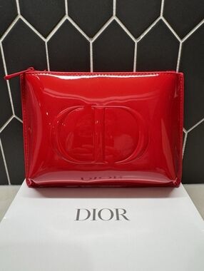 New Christian Dior Red Glossy Cosmetic Makeup Bag Pouch Clutch In Box